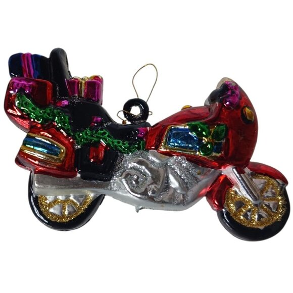 Vtg Glittering Glass Motorcycle Christmas Ornament With Gift multicolor - Picture 2 of 5
